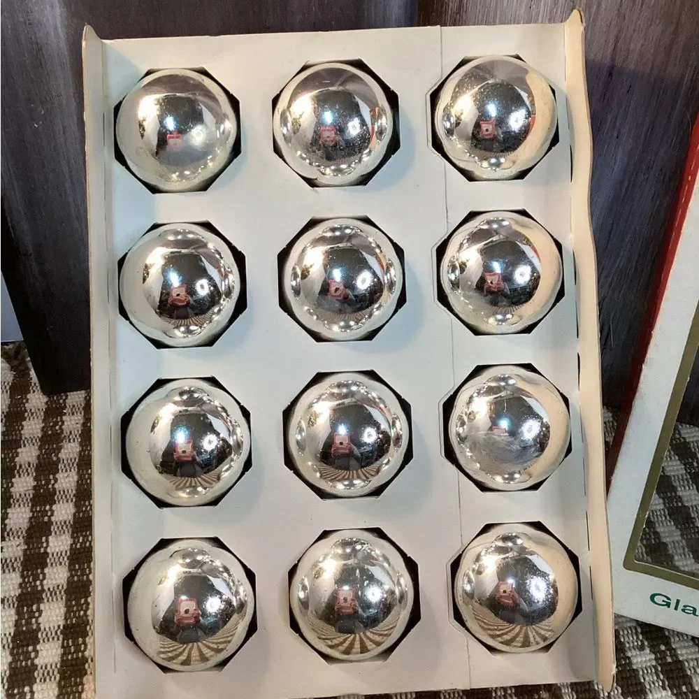 Vintage Silver Holiday Glass Christmas Ornaments Franke Sons Made USA Boxed Set